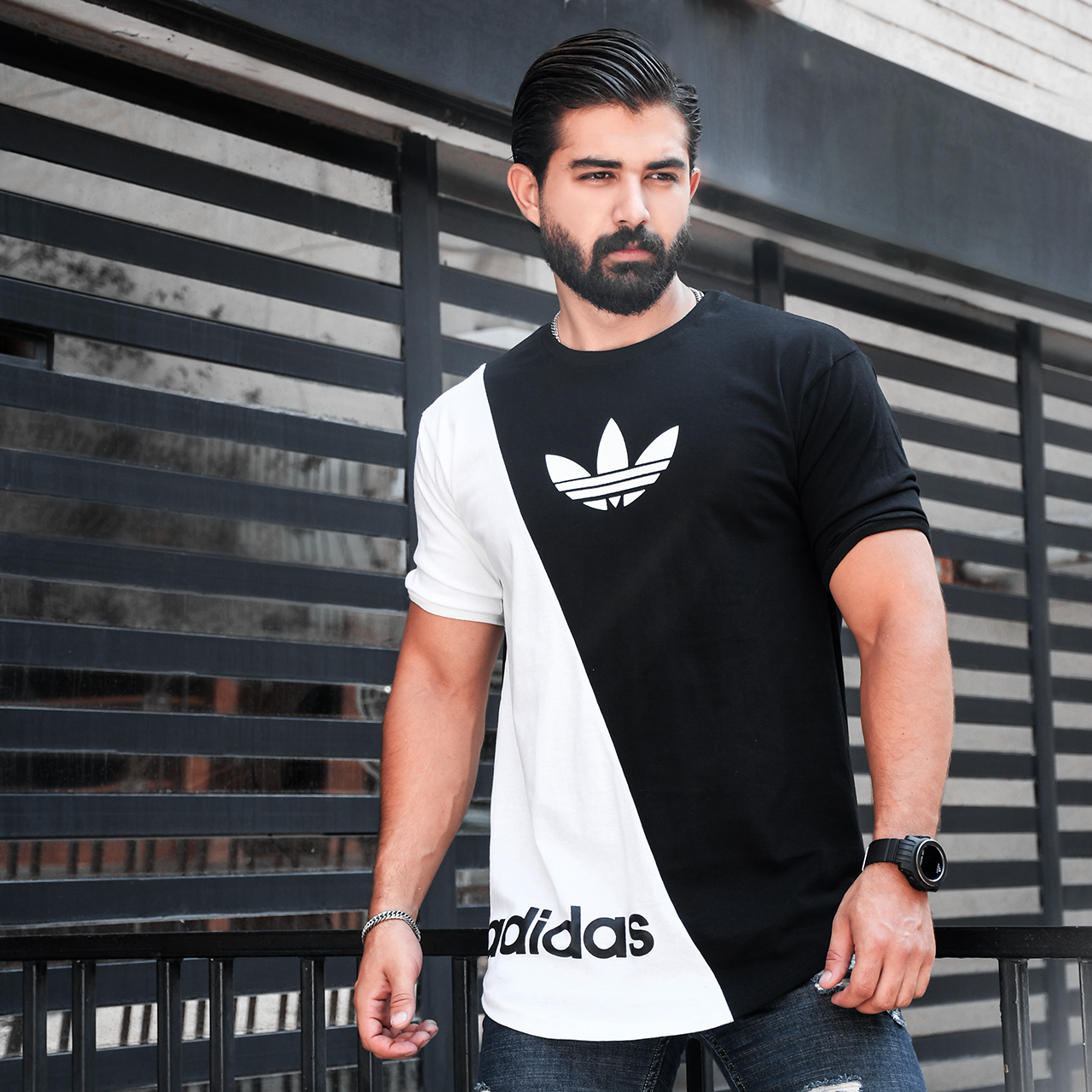 تیشرت Adidas مشکی سفید مردانه مدلBehnam