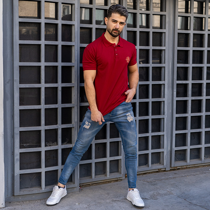 تیشرت V زرشکی مردانه مدل Sadra