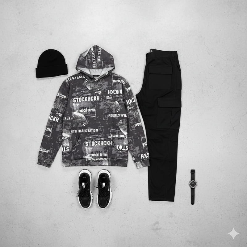 هودی طرحدار مردانه مشکی مدل stock